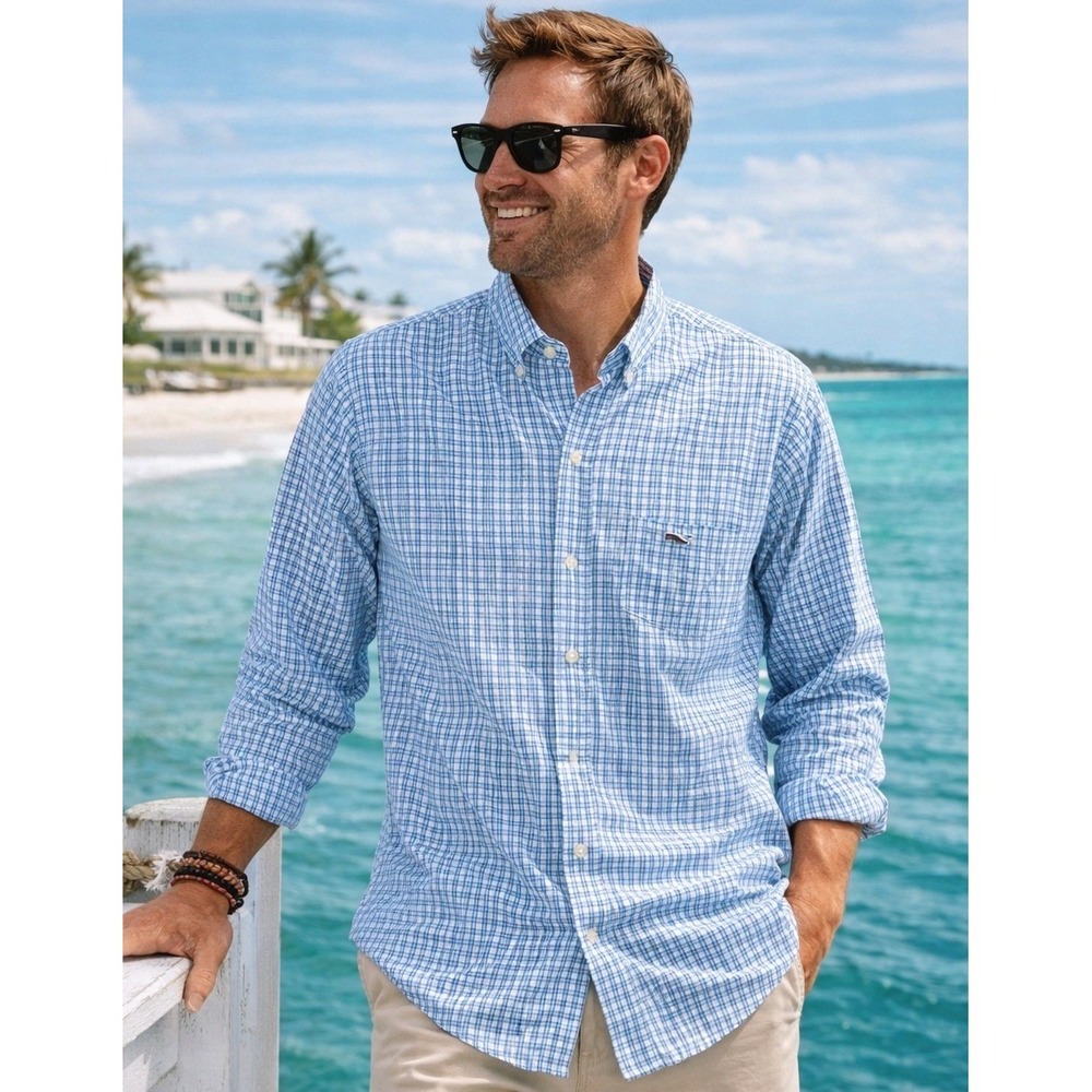 Vineyard Vines Classic Fit Tucker Shirt Blue Plaid Long Sleeve Mens Size 2XL